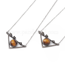 Natural Tiger Eye Triangle with Flower Pendant Necklace, Antique Silver & Platinum Brass Jewelry for Women, Cadmium Free & Lead Free, 19.76 inch(50.2cm)