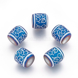 Perles en verre electroplate, mat, tonneau avec motif de vigne, bleu plaqué, 12x11.5mm, trou: 3 mm, 100 PCs / sac