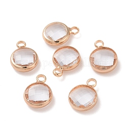 Golden Tone Brass Glass Flat Round Charms, Faceted, Clear, 12x8.5x3mm, Hole: 1.5mm