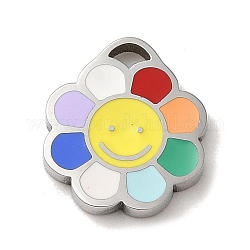 304 Edelstahl Emaille Anhänger / charms, Blume mit lächelndem Gesichtsanhänger, Edelstahl Farbe, 11.5x10x1.5 mm, Bohrung: 1.5x1.3 mm