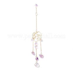 Hanging Crystal Aurora Wind Chimes, with Prismatic Pendant, Leaf-shaped Iron Link and Natural Amethyst, for Home Window Lighting Decoration, Golden, 315mm