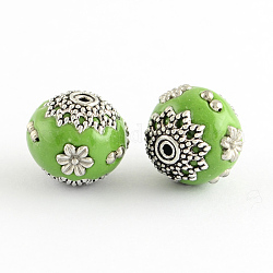 Round Handmade Indonesia Beads, with Antique Silver Metal Color Alloy Cores, Lime Green, 13~14x14~16mm, Hole: 1~1.5mm