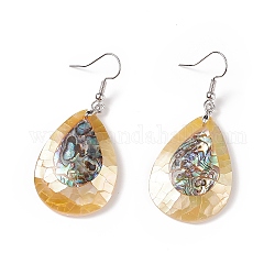White Shell & Abalone Shell/Paua Shell Dangle Earrings, with Brass Ice Pick Pinch Bails and Earring Hooks, Teardrop, Platinum, 55mm, Pin: 0.7mm