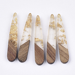 Pendentifs en bois de résine et de noyer, une feuille d'or, larme, or, 44x7.5x3mm, Trou: 1.2mm