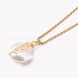 Natural Baroque Pearl Keshi Pearl Pendant Necklaces, with 304 Stainless Steel Venetian Chains, Flat Round, Golden, 15.98 inch(40.6cm)