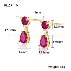 Orecchini pendenti a goccia con zirconi cubici, orecchini in argento sterling dorato 925, rosso viola medio, 12.8x3.93~4.7mm