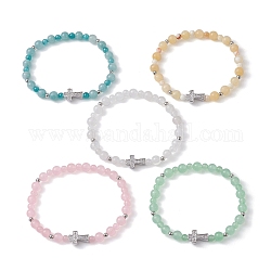 Bracelet extensible perlé de pierres précieuses naturelles mélangées, bracelet croix, couleur mixte, diamètre intérieur: 2 pouce (5.05 cm)