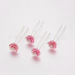(vente de clôture défectueuse), fourchettes pour cheveux de dame, avec des accessoires en fer plaqué argent, résine et strass, fleur, cristal, rose chaud, 75mm