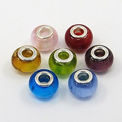 Handmade European Beads, Silver Foil Glass, Silver Color Brass Core, Rondelle, Mixed Color, about 14mm wide, 11mm long, hole: 5mm