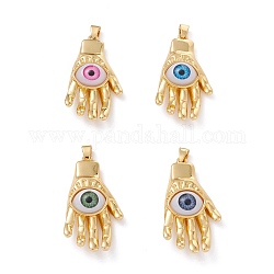 Brass Pendants, with Resin Cabochons, Long-Lasting Plated, Hand with Evil Eye, Real 18K Gold Plated, Mixed Color, 43x23x10mm, Hole: 5x3.5mm