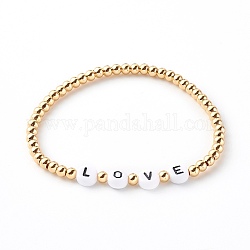 Bracelets de perles extensibles en laiton rond, pour la Saint Valentin, avec perles en acrylique, mot d'amour, or, noir, diamètre intérieur: 2-1/4 pouce (5.7 cm)