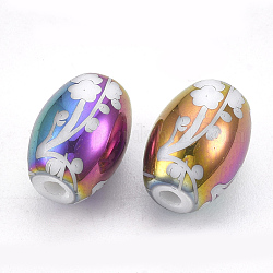 Perline di vetro palccato, botte con motivo floreale, multicolore placcato, 11x8mm, foro: 1.6mm, 200pcs/scatola