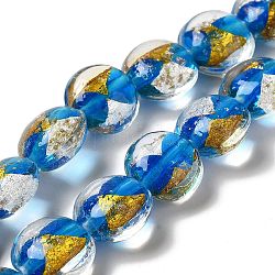 Perles rondes plates faites à la main en sable d'or et en sable d'argent, Dodger bleu, 14~14.5x8.5~9mm, Trou: 1.6~1.8mm