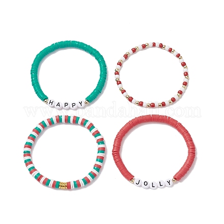 4pcs 4 style argile polymère heishi surfeur bracelets extensibles ensemble BJEW-TA00268-1