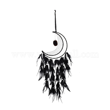 Rete/ragnatela intrecciata a forma di luna con decorazione di pendenti di piume HJEW-I013-07-1