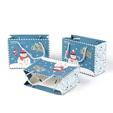 クリスマスをテーマにした紙袋  雪だるま模様の長方形  ジュエリー収納用  ライトブルー  24.5x19.5x0.45cm CARB-P006-03A-02-1
