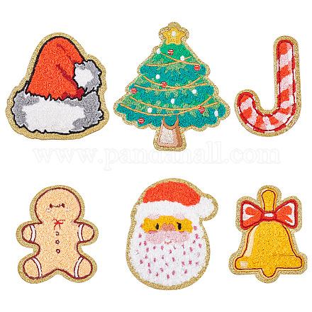 FINGERINSPIRE 12Pcs 6 Style Christmas Theme Towel Embroidery Cloth Patches Self Adhesive Crochet Applique Patches Gingerbread Man Santa Claus Appliques for Christmas Arts Crafts DIY Decor Costume PATC-FG0001-46-1