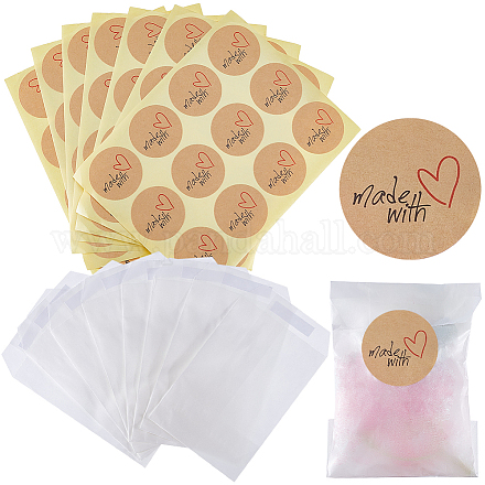 CRASPIRE 120Pcs Wedding Confetti Bags Kit 72x105mm Translucent Glassine Waxed Paper Bags with 120pcs Made with Love Heart Kraft Brown Wedding Confetti Stickers for Wedding Cookie Bags STIC-CP0001-11G-1