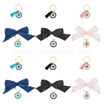 OLYCRAFT 12 Pcs 6 Style Evil Eye Keychain with Cross Enamel Evil Eye Keyring with Tassels Brass Tiny Cross Pendant with Bowknot Protection Charms for Jewelry Craft Decoration - Black&Blue&Pink KEYC-AB00004-1