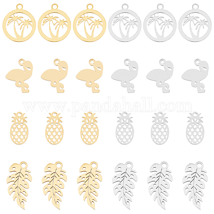DICOSMETIC 32Pcs 4 Styles Tropical Charms 2 Colors Pineapple Charms Cute Flamingo Pendants Hawaii Ring with Coconut Tree Charms Stainless Steel Pendants for DIY Jewelry Crafts STAS-DC0012-99-1