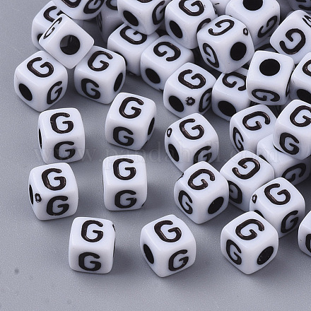 白い不透明なアクリルビーズ  水平穴  黒いアルファベットのキューブ  文字.g  4~5x4~5x4~5mm  穴：1.8mm  約6470~6500個/500g MACR-R869-02G-1