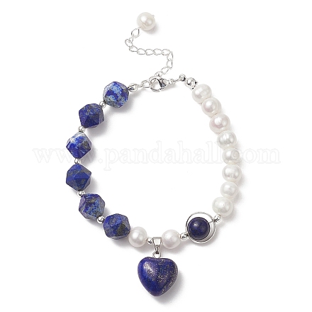 Braccialetto di fascino del cuore di lapislazzuli naturali con catene di perline di perle naturali per le donne BJEW-TA00255-01-1