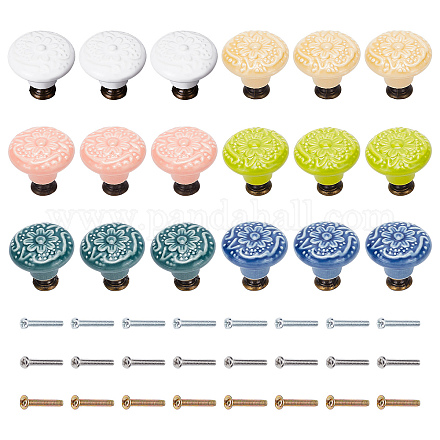 Craspire 18 pièces boutons de porte en céramique poignées de tiroir rondes en porcelaine gaufrée 6 couleurs vis de montage bouton tire poignées pour armoire commode tiroirs porte de cuisine DIY-CP0007-41-1