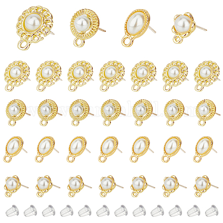 DICOSMETIC 32Pcs 4 Styles Pearl Earring Studs Half Ball Ear Stud Alloy Earring Posts with Loop Gold Plated Ear Pad Base Posts with 50Pcs Ear Nuts for DIY Earring Making FIND-DC0003-70-1
