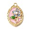 Alloy Enamel Pendants, with ABS Imitation Pearl, Oval with Flower, Rack Plating, Long-Lasting Plated, Lead Free & Cadmium Free & Nickel Free, Golden, Pearl Pink, 31x21x6mm, Hole: 2.2mm