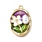Alloy Enamel Pendants, with ABS Imitation Pearl, Oval with Flower, Rack Plating, Long-Lasting Plated, Lead Free & Cadmium Free & Nickel Free, Golden, Purple, 25.5x18x5.5mm, Hole: 1.8mm