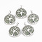Natural Green Aventurine Pendants, with Brass Findings, Flat Round with Tree of Life, Platinum, 30.5x27x8mm, Hole: 7x3mm