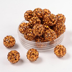 Perles de boule pavé disco , Perles de strass en argile polymère, Grade a, ronde, topaze, strass: pp13 (1.9~2mm), 6 rangs de strass, 10mm, Trou: 1.5mm