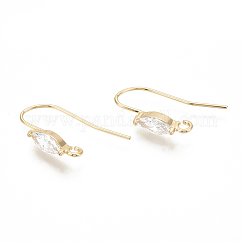 Crochet d'oreille en laiton, fil d'oreille, avec boucle horizontale, zircone cubique, oeil de cheval, clair, sans nickel, véritable 18k plaqué or, 23x15~17x4mm, Trou: 1.6mm, 20 jauge, pin: 0.8 mm