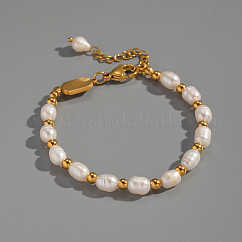 Pulseras de perlas naturales de agua dulce y cuentas de acero inoxidable para mujer, Recubrimiento al vacío PVD, real 18k chapado en oro, 6-7/8 pulgada (17.5 cm)