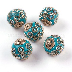 Abalorios de indonesia hecho a mano, con fornituras de metal, color dorado claro, redondo, turquesa oscuro, 20~21x19~20mm, agujero: 1.5 mm