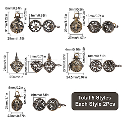 10 Stück 5 Stile runde Messing-Hohlkäfig-Anhänger&nbsp;KK-SC0003-05