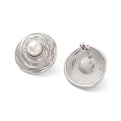 Orecchini a bottone in ottone abs con perle finte piatte e rotonde placcate a cremagliera&nbsp;EJEW-M029-05P