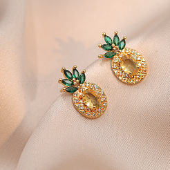 Ananas Edelstahl Strass Anhänger Halskette & Ohrstecker & Fingerring Set&nbsp;WG65275-04