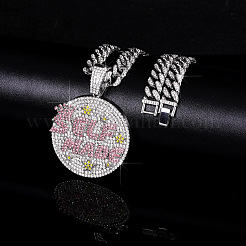 Collane con ciondolo a medaglia fatto a mano in lega hip-hop con cristalli e strass rosa&nbsp;FS-WG8D003-06