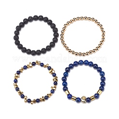 4 pièces 4 style roche de lave naturelle et lapis lazuli (teint) et bracelets extensibles en hématite synthétique sertis de coquille en alliage perlé&nbsp;BJEW-JB08738