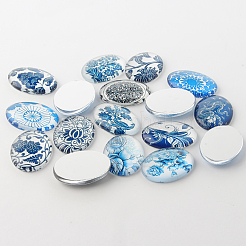 Blau und weiß floralen Thema Schmuck Glas oval flatback Cabochons&nbsp;GGLA-A003-13x18-YY