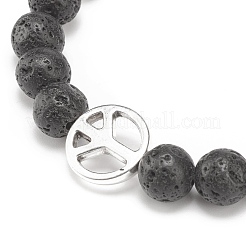 2 pièces 2 style pierre de lave naturelle et hématite synthétique bracelets extensibles perlés ronds sertis de signe de paix en alliage&nbsp;BJEW-JB08311