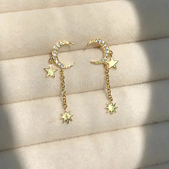 Orecchini pendenti a bottone con luna e stella in ottone micro pavé di zirconi cubici trasparenti&nbsp;FS-WG98EA0-01