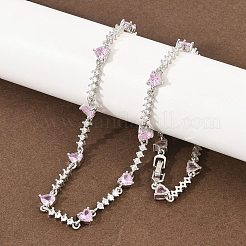 Collares de eslabones en forma de corazón con circonitas cúbicas rosas y pavé de latón&nbsp;KK-CBA4547-16A-P