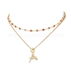 Colgante de ojo malvado con forma de cruz de corazón y circonita cúbica transparente pavé de latón&nbsp;NJEW-JN05398-01