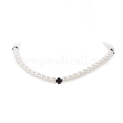 Natürliche schwarze Onyx-Kreuz- und Acrylimitationsperlen-Halskette für Frauen&nbsp;NJEW-JN04218