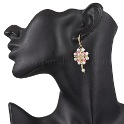 Fiore con croce orecchini in acciaio inossidabile 304 semi di vetro orecchini a leva&nbsp;EJEW-MZ00507-05