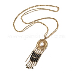 Collane con ciondolo ovale in acciaio inossidabile 304 e perle finte bohémien&nbsp;NJEW-Z061-10G-02