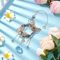 Decorazioni pendenti con farfalla in ferro e anello con chip di ametista naturale&nbsp;HJEW-TA00244
