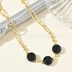 Bracelets en laiton avec perles rondes plates à facettes en onyx noir naturel (teint et chauffé) et chaîne trombone.&nbsp;GG-CBA37F5-02G-12